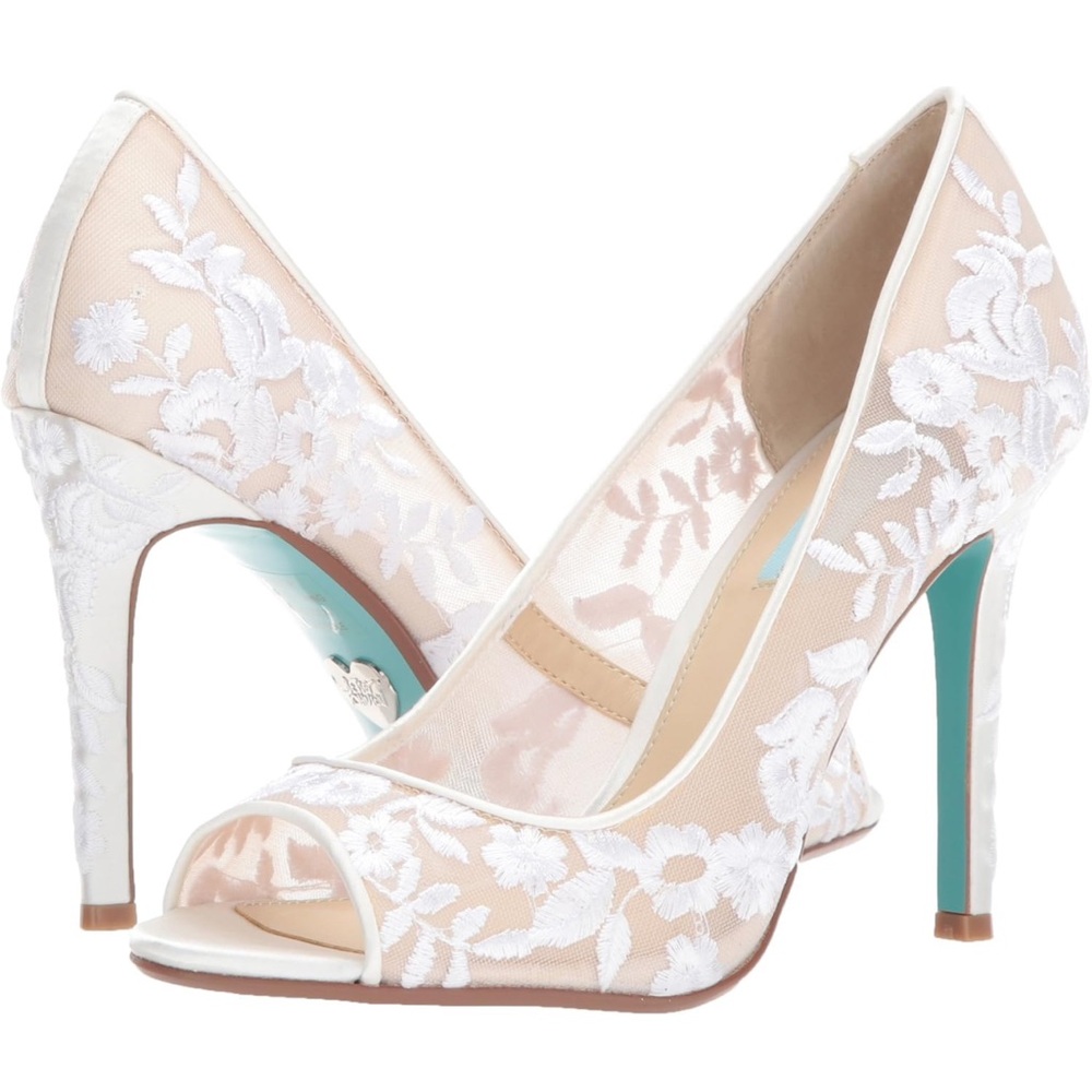 Betsey Johnson Nude and White Lace Peep-Toe Heels